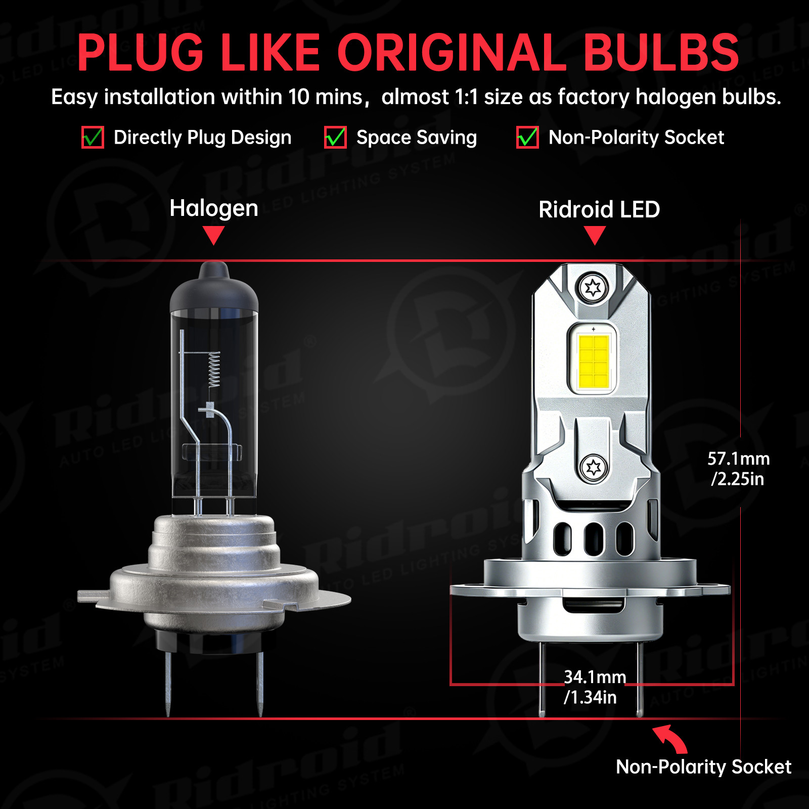PAIR RIDROID H7 LED Headlight Super Bright Bulbs Kit White High/Low Beam 6500K