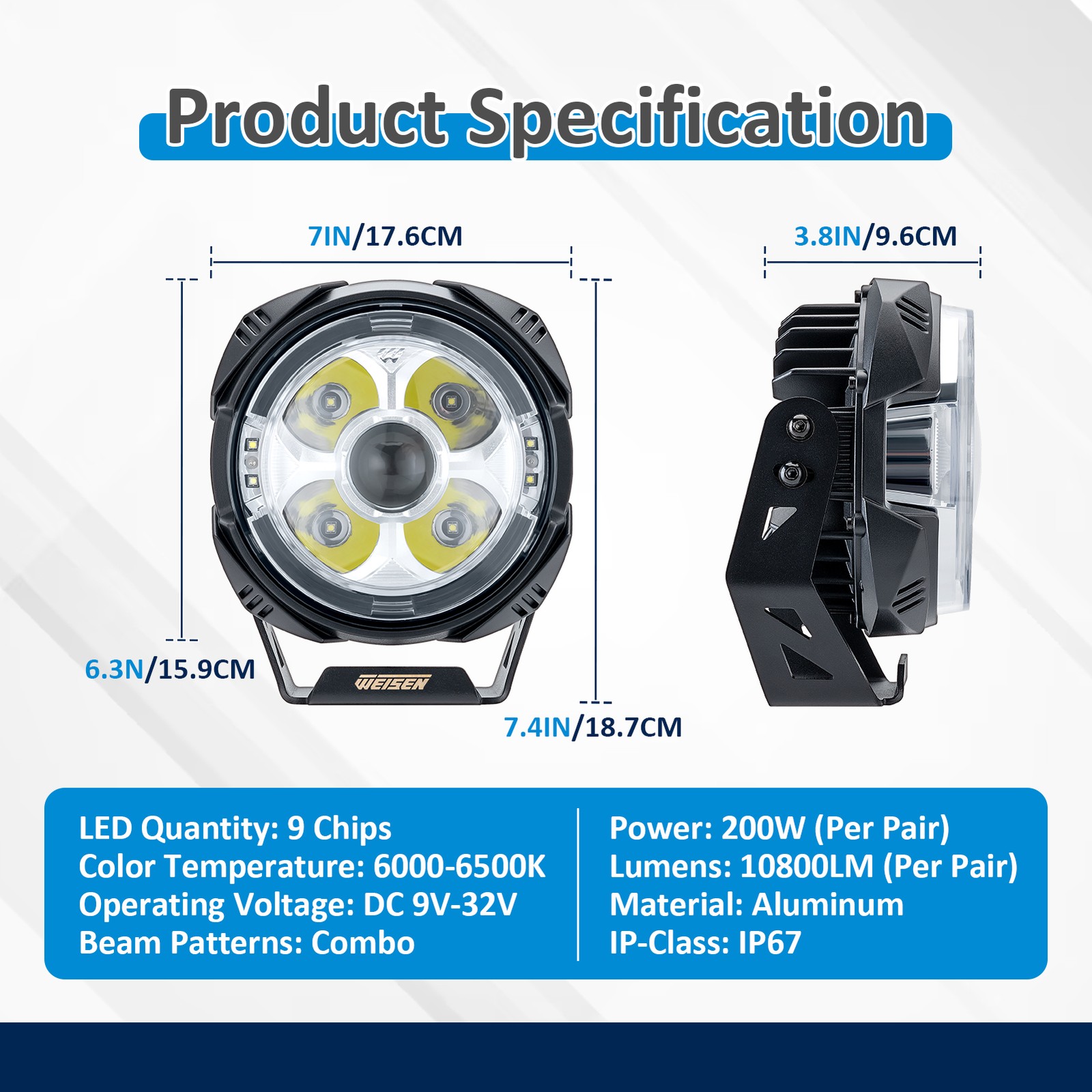 2PCS 7inch 200W 10,800 lm LED Work Lamp Light Bar For Tractor Recovery Truck Van