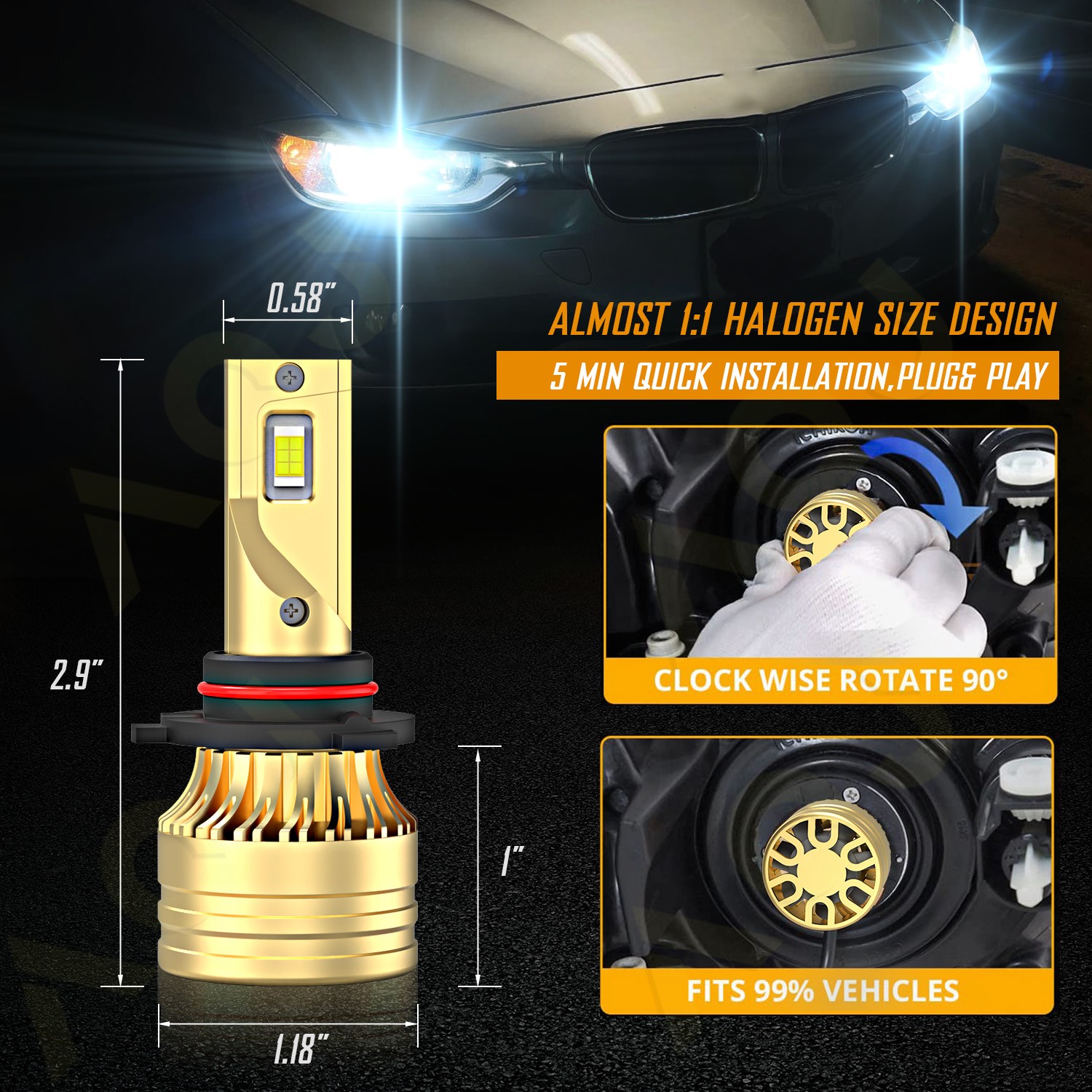 9012/HIR2 H16/5202 LED Headlight Fog Light Kit Bulbs White 6000K Plug&Play 4Pack