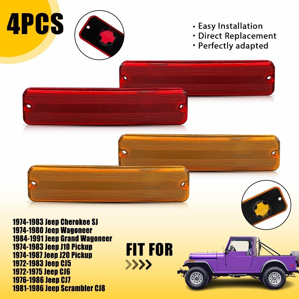 4PC Front Rear Side Marker Light Amber Red Lens For Jeep Cherokee J10 Pickup CJ5