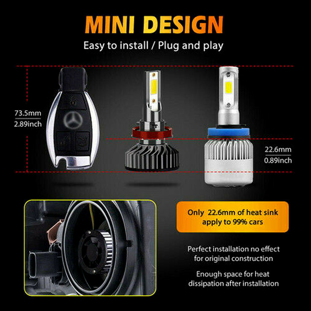 LED Headlight Kit H11 H8 H9 6000K White Fog Light 2Bulbs Bright High or Low Beam