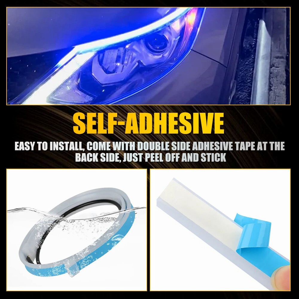 2x Car Headlight 60cm APP RGB Slim Sequential Flexible LED DRL Turn Signal Strip