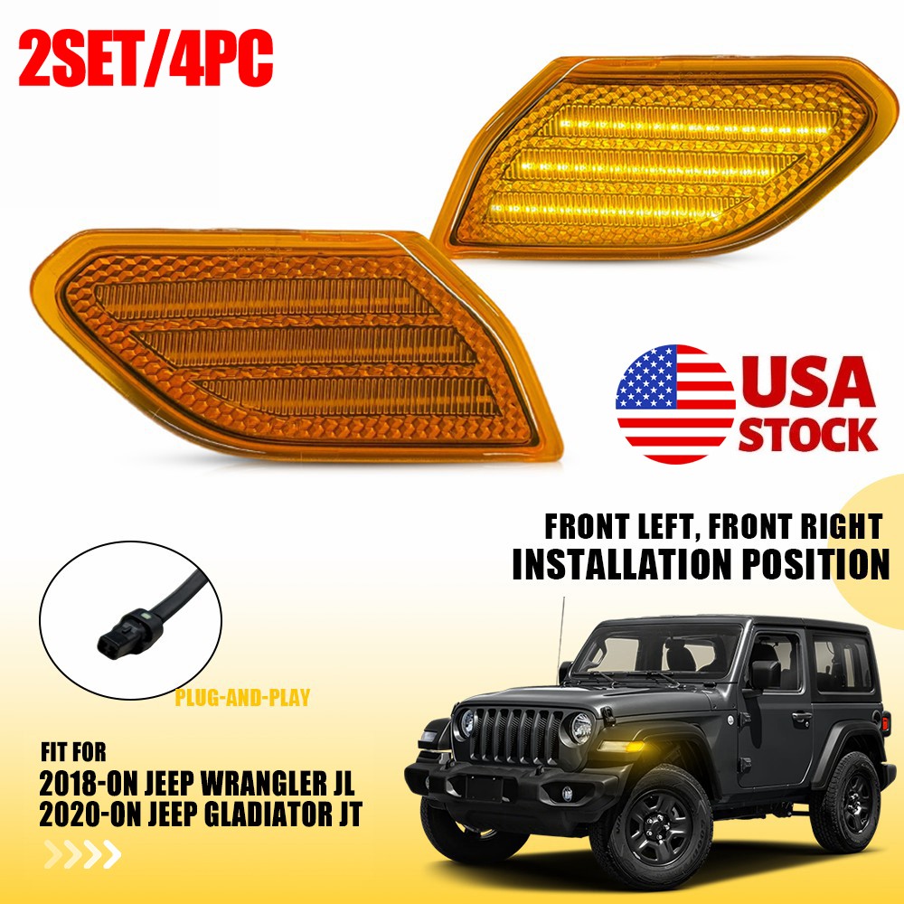 4PC Amber Lens LED Side Marker Lights Fender For 2018-26 Jeep Wrangler Gladiator