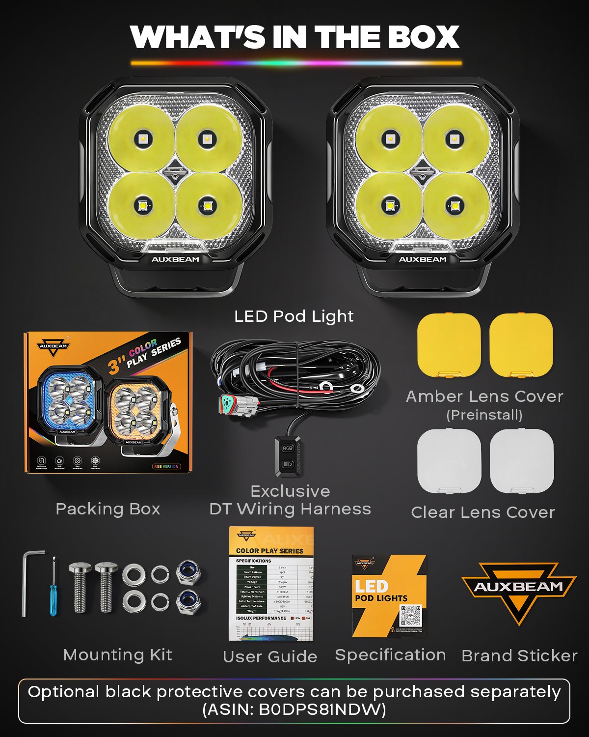 Auxbeam Color Play 3″ RGBW LED Work Driving Pods Lights Offroad Fog Spotlights