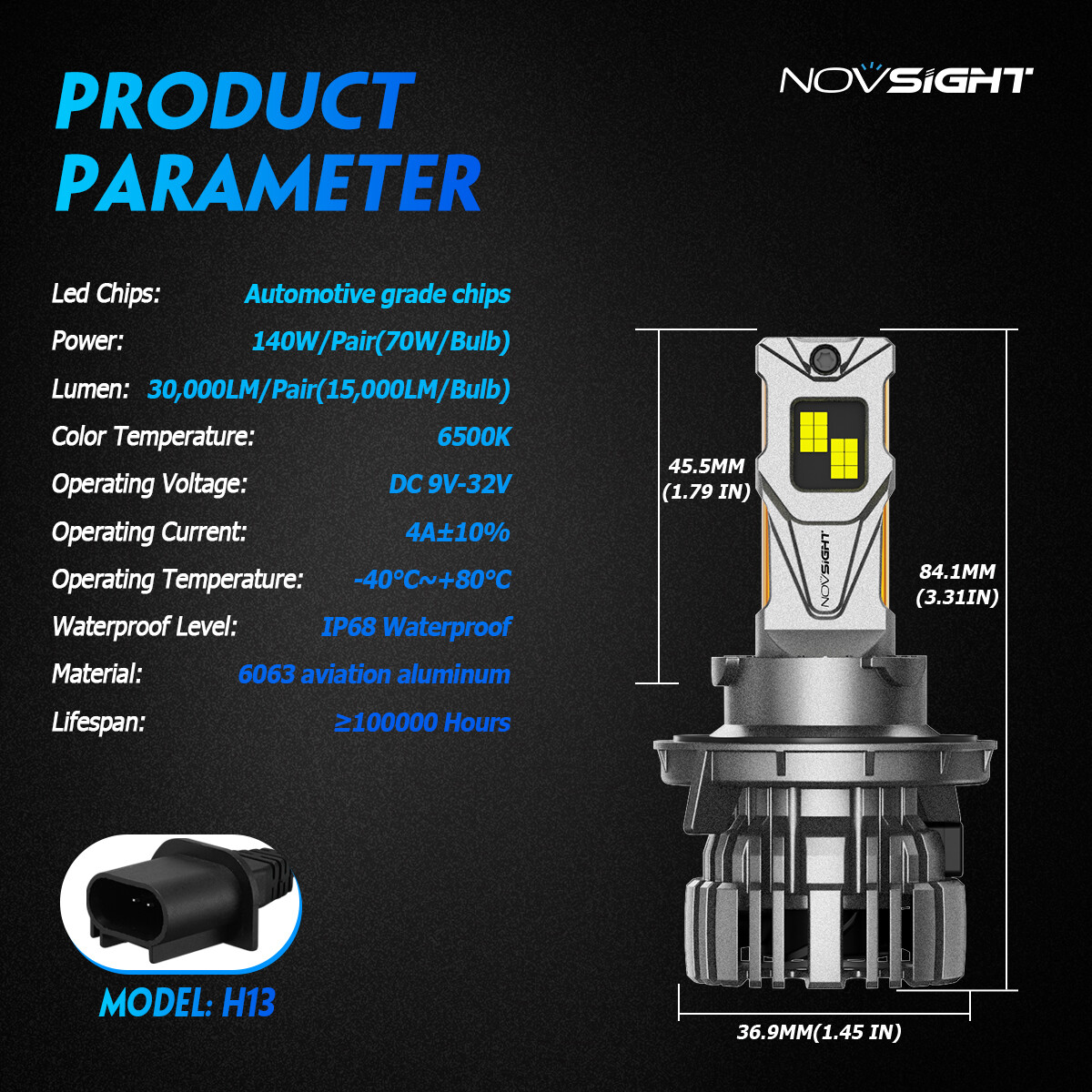 NOVSIGHT H13 9008 LED Headlight Bulbs Kit 140W 30000LM High Low Beam 6500k White