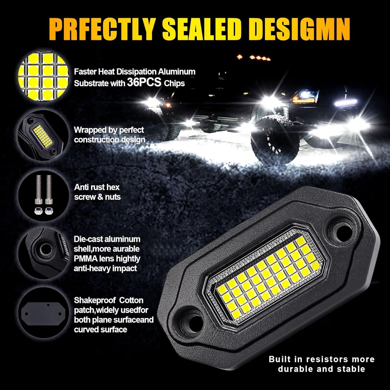 LED Rock Lights Aluminum Housing Waterproof IP68 20 Pods for Trucks UTV ATV SUV