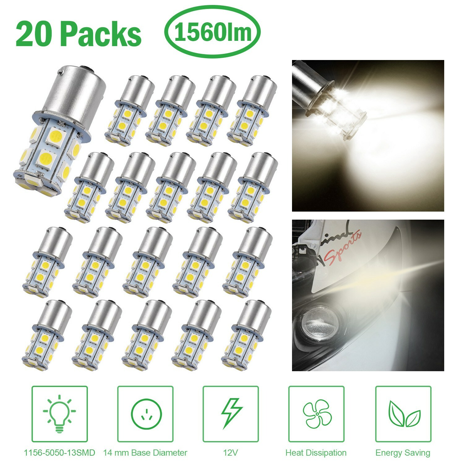 20x 4300K White 1156 13-SMD LED Interior Light Bulbs Daytime Running RV 1141 12V