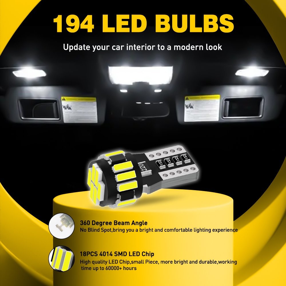 2x Super Bright T10/921/194 6500K White 18 LED RV Trailer Interior Light Bulbs