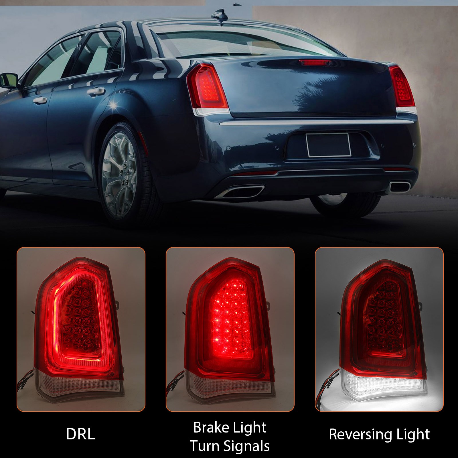 Pair Chrome Trim Full LED Tail Lights For 2015-2023 Chrysler 300 Brake Lamp Side