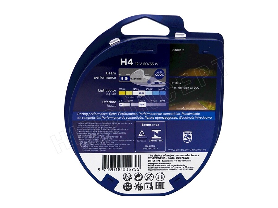Philips H4 9003 RacingVision GT200 Headlight Halogen Bulbs 12342RGTS2 Pack of 2