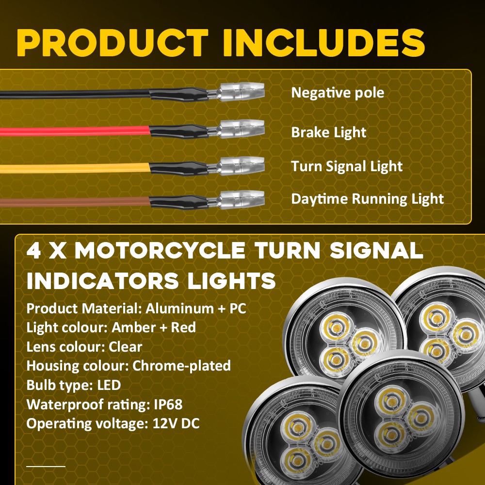Front Rear Left Right Motorcycle Turn Signal Lights Chrome Housing Red Lights