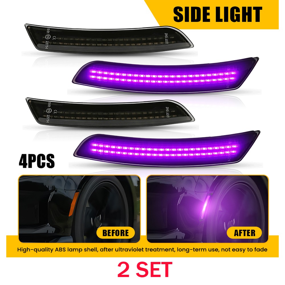 LED Side Marker Light Kit For 2016 17-2023 Chevy Camaro 8X Purple Smoked Housing