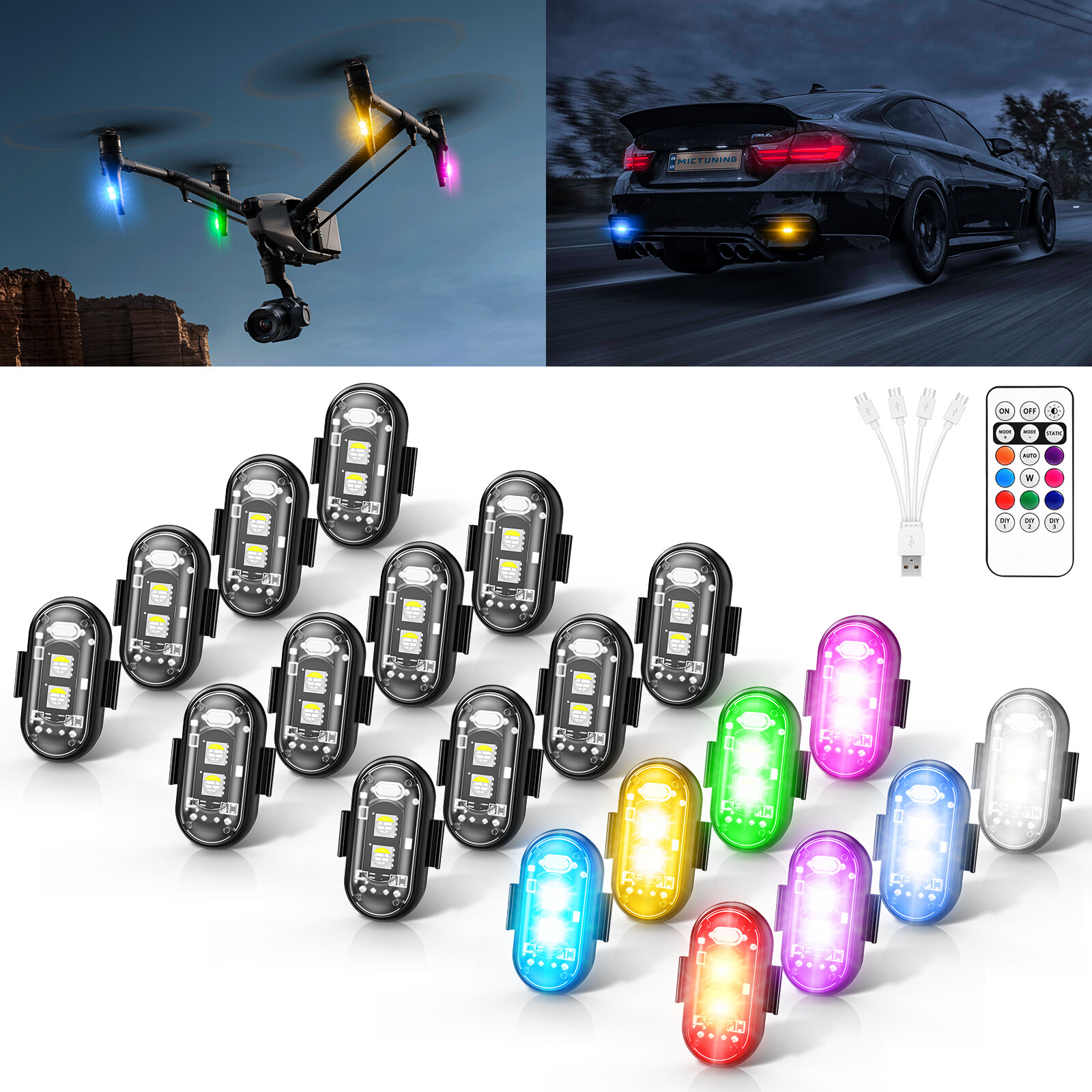 20PCS Wireless LED Strobe Lights 8 Colors USB Rechargeable Anti-Collision Lamps