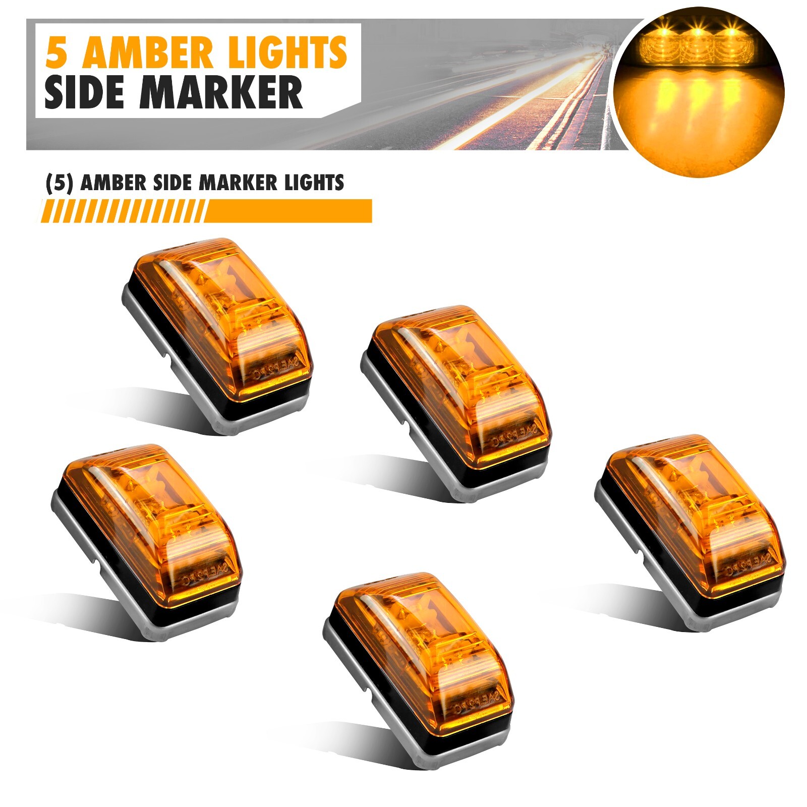 5Pcs 2×1 Square Amber LED Marker Light 3 Diodes Stud Mount Waterproof Clear