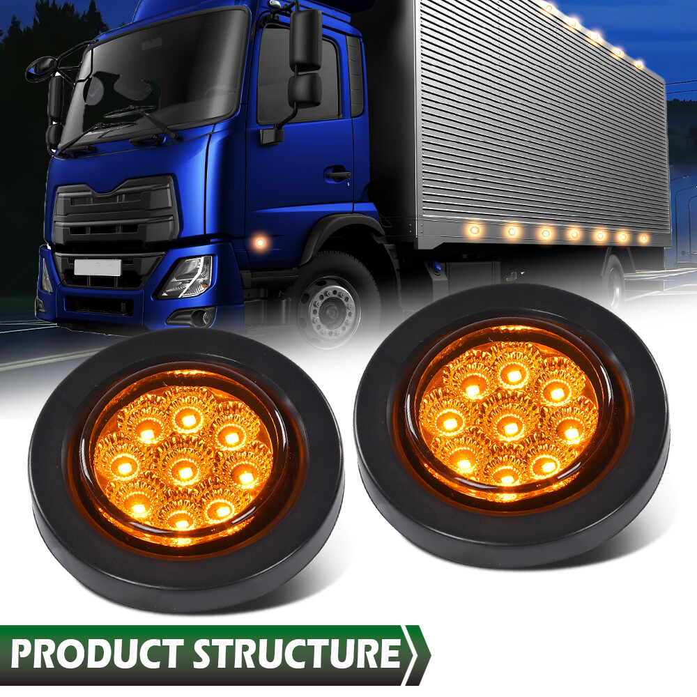 2x Amber 2″ Inch Round 9 LED Side Marker Clearance Lights Truck Trailer Lamp 12V