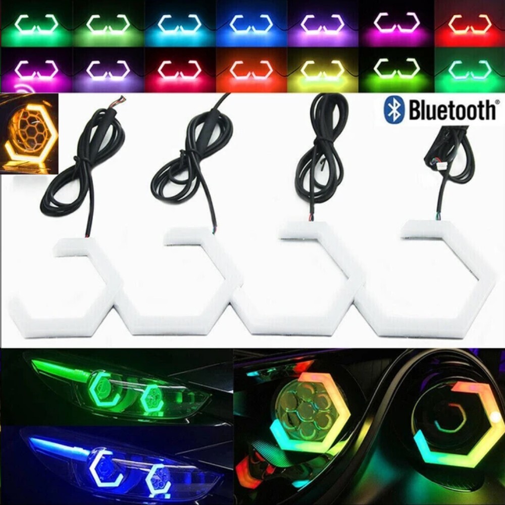 2x LED Hex Halo Angel Eyes Turn Signal Light APP Bluetooth Hexagon Headlights