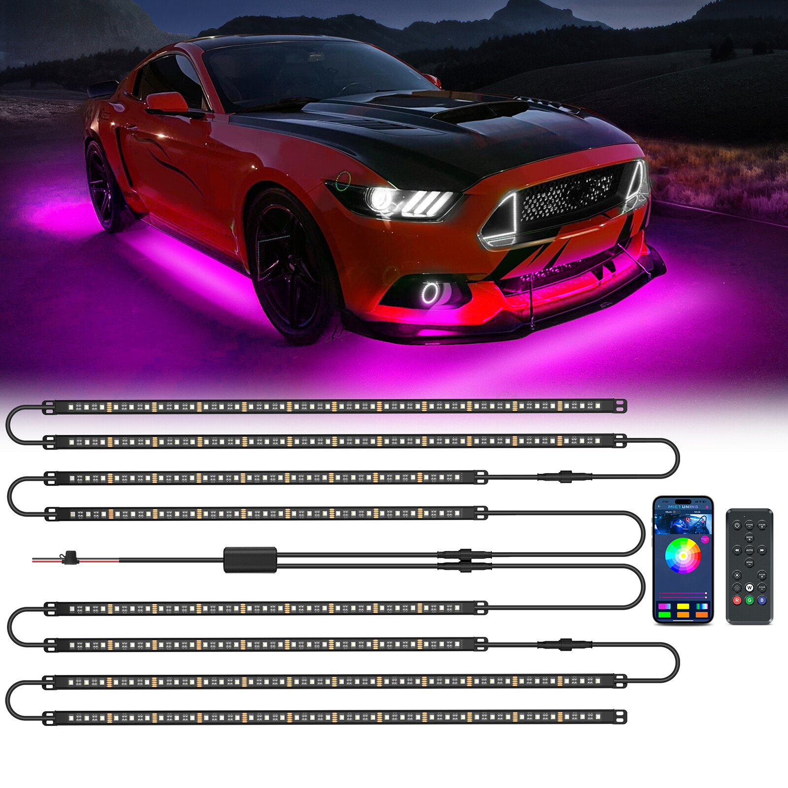 MICTUNING 8pc N8 RGBW Underglow LED Light Bar Strips Kit for Car Wireless Remote