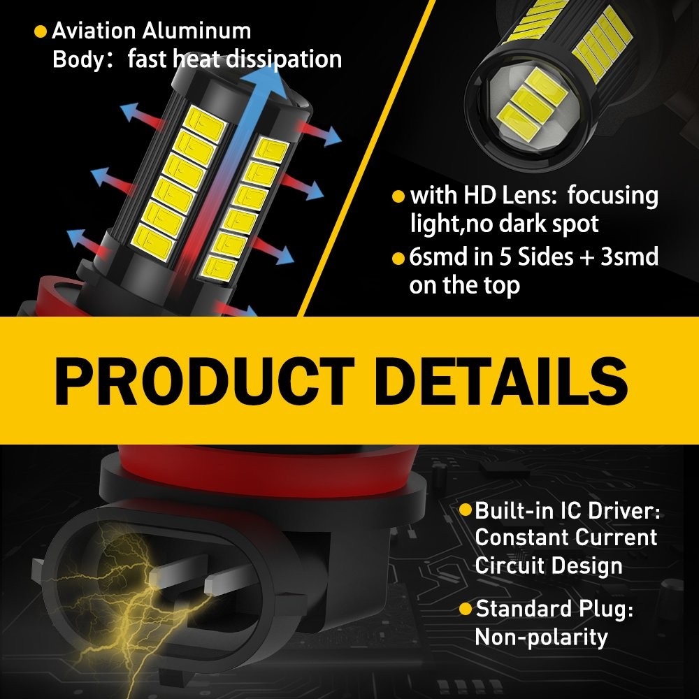 2x Auxito H16 H11 H8 LED Fog Light Bulb 6000K 33W Super Bright 5630smd HD 2000LM