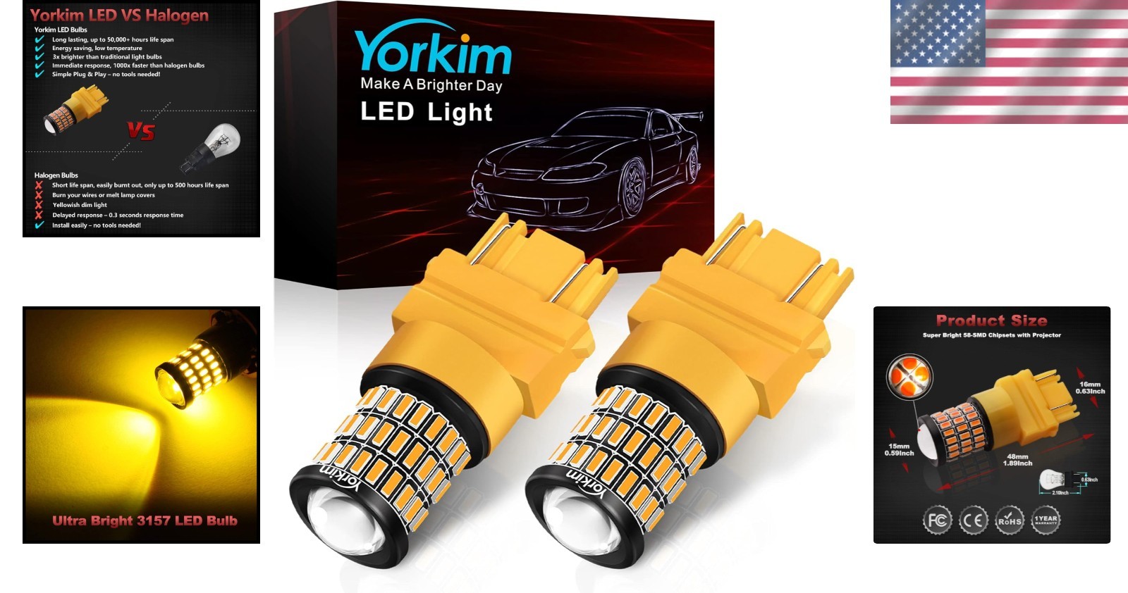 Plug & Play 3157 Amber LED Bulbs for Front/Rear Turn Signals – 50000 Hours Life