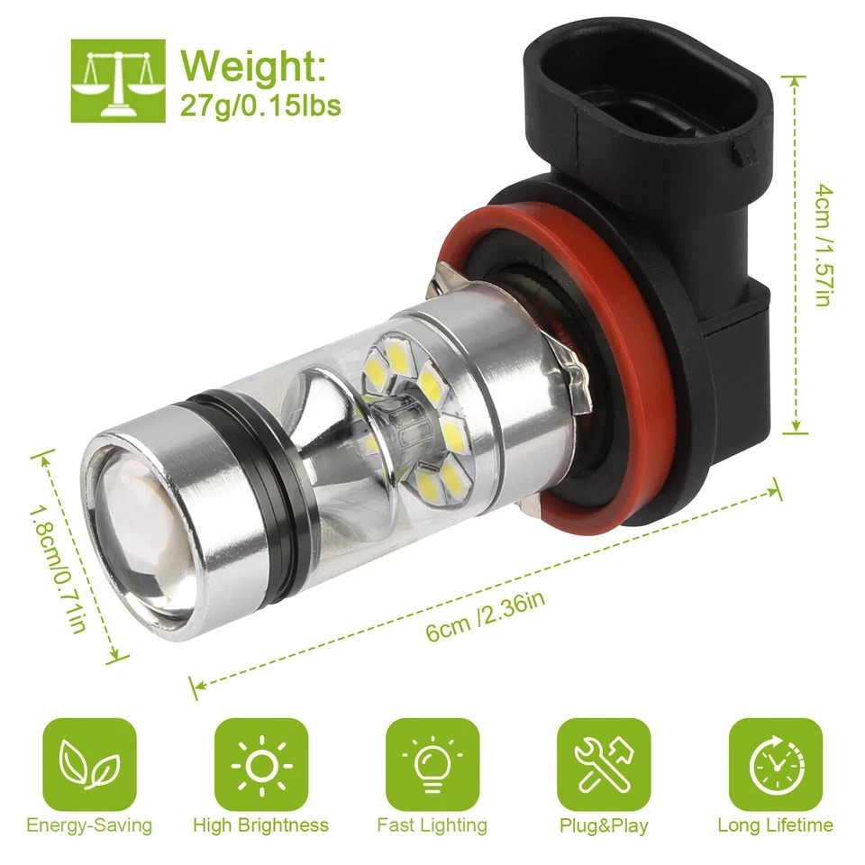 2PCS 1000lm 100W H8/H9/H11 LED Fog DRL Light Bulb IP65 Water-Resistant 360° Beam