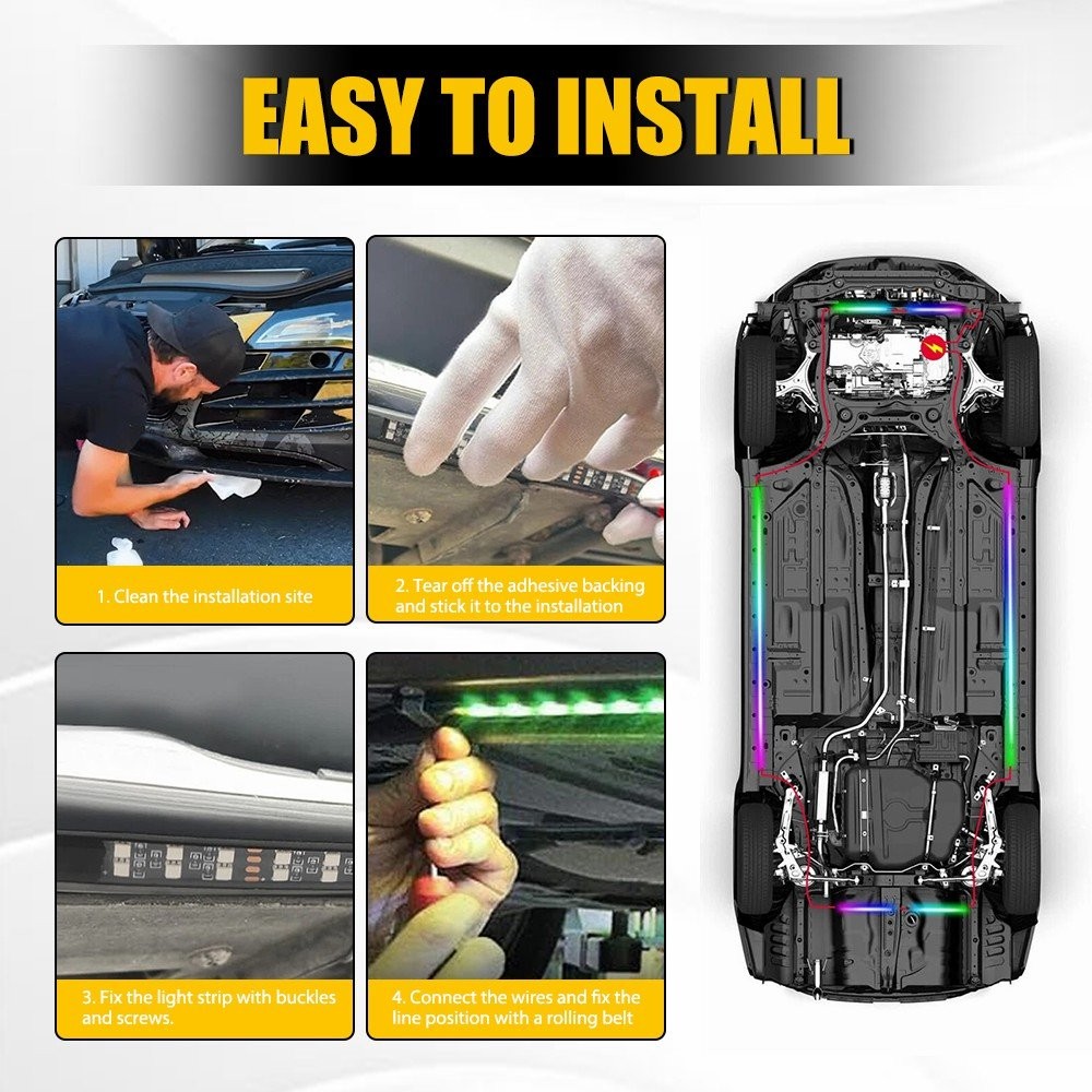 Double Row CHASING 2X 4FT +2X 6.5FT RGB Underglow Light Strips for Car Truck SET