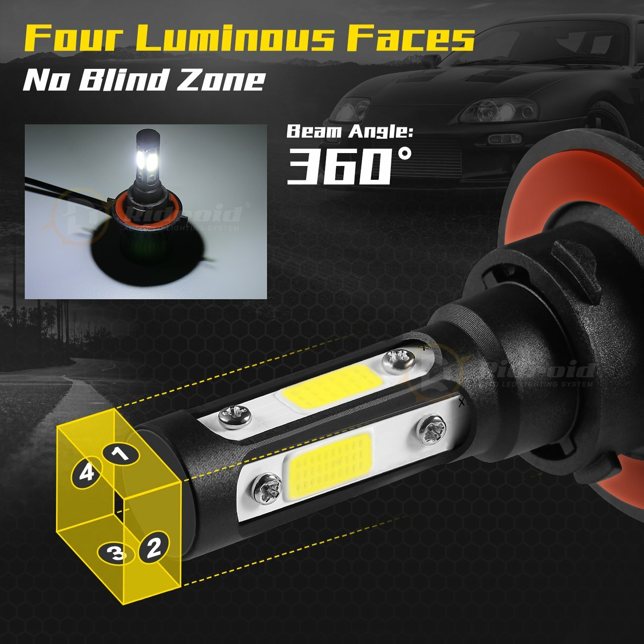 pair 4-sides H13 9008 LED Headlight Kit 2400W 6000K 360000LM Hi/low Beam Bulbs