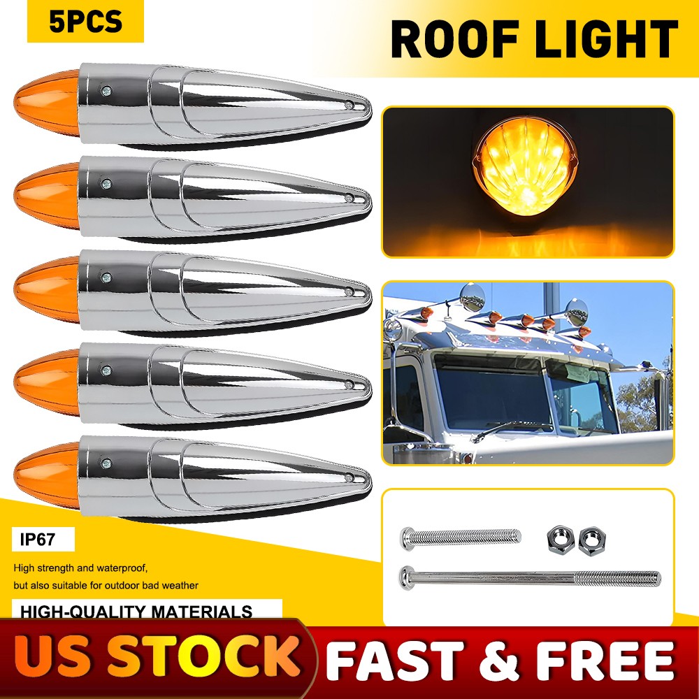 5X Amber LED Chrome Cab Roof Marker Lights Kit for Peterbilt Kenworth Trucks