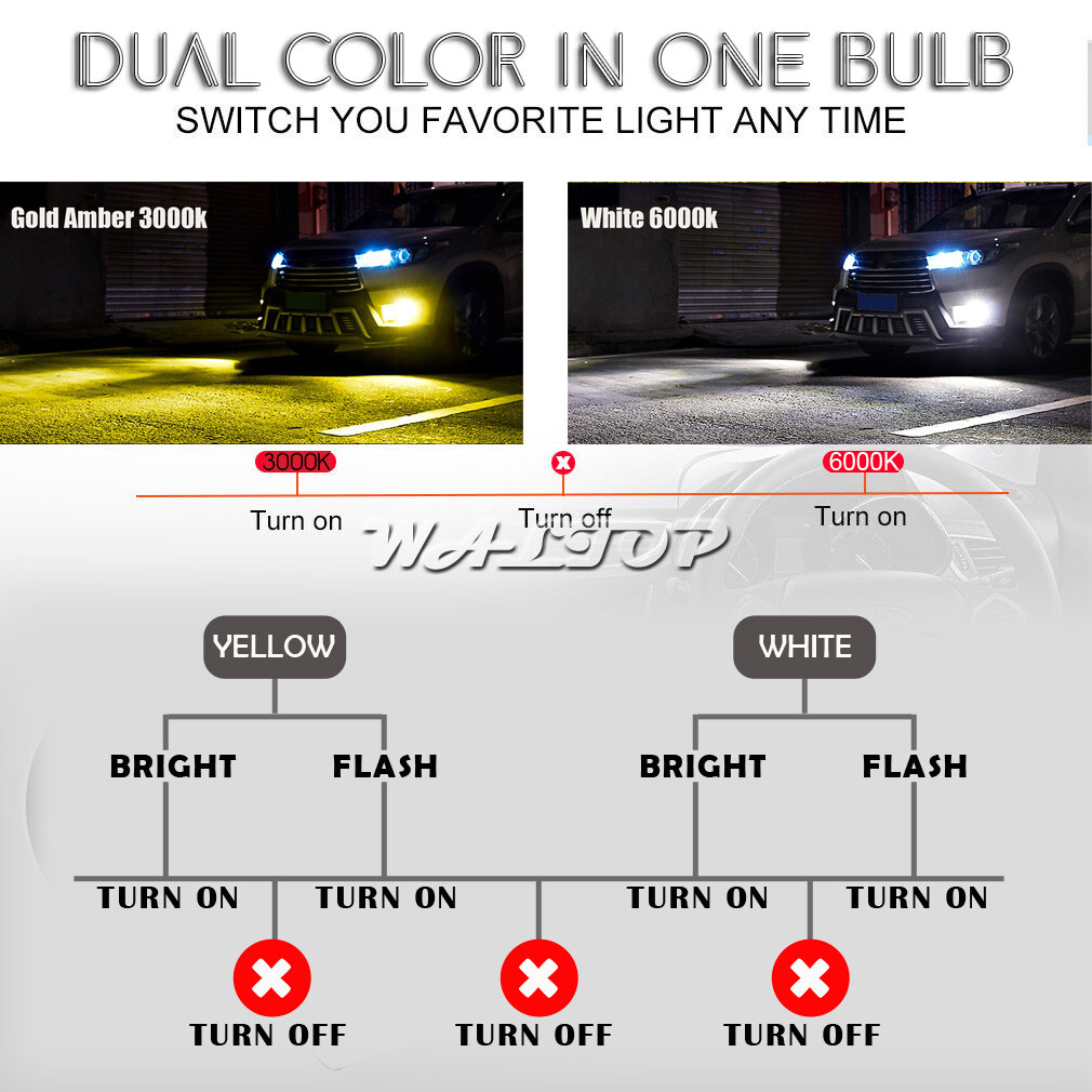 880 899 2-Mode LED Fog Light Bulbs Dual Color Still / Flash 6K White + 3K Yellow