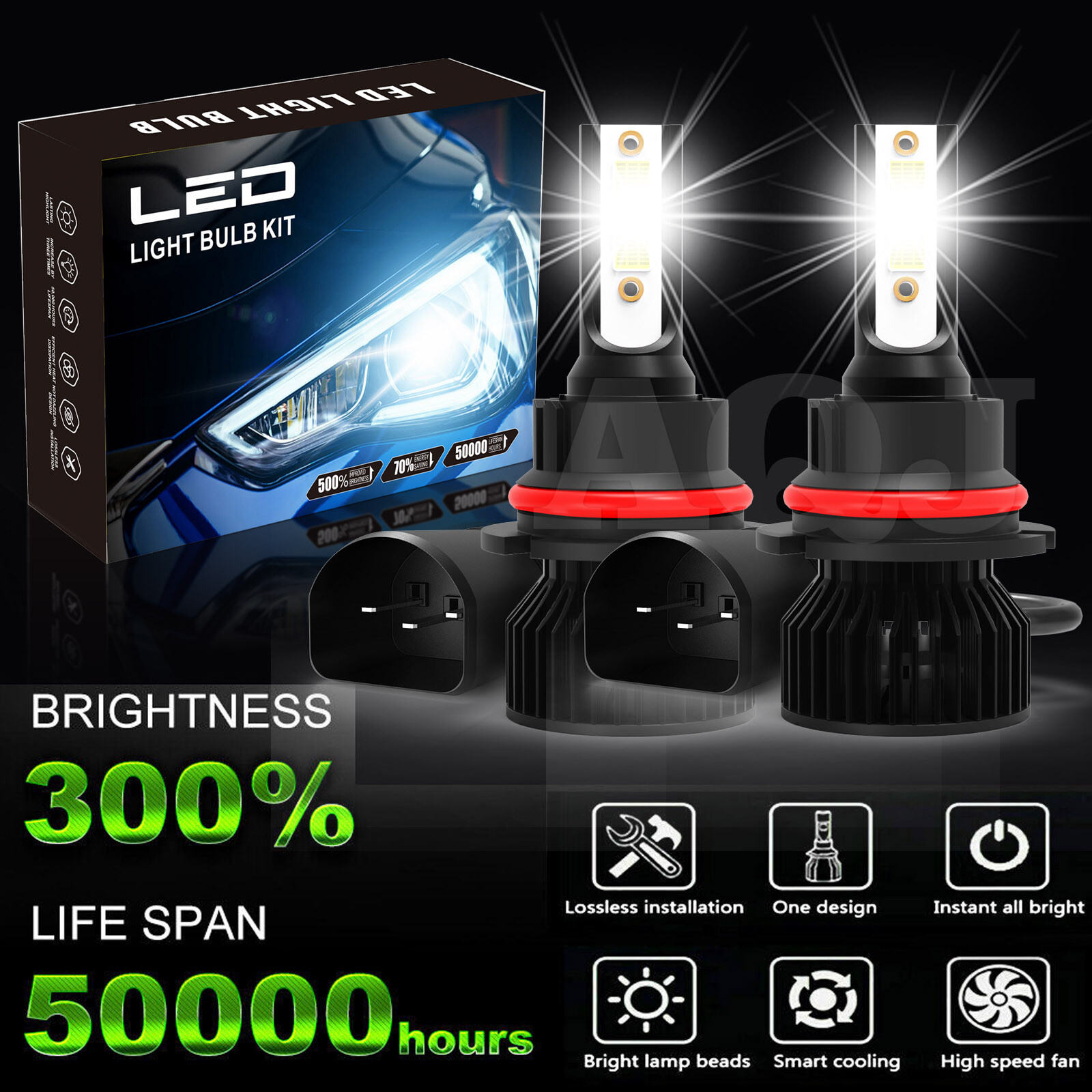 AQJ 9007 HB5 LED Headlight High Low Beam Bulbs Conversion Kit 6500K White 2X