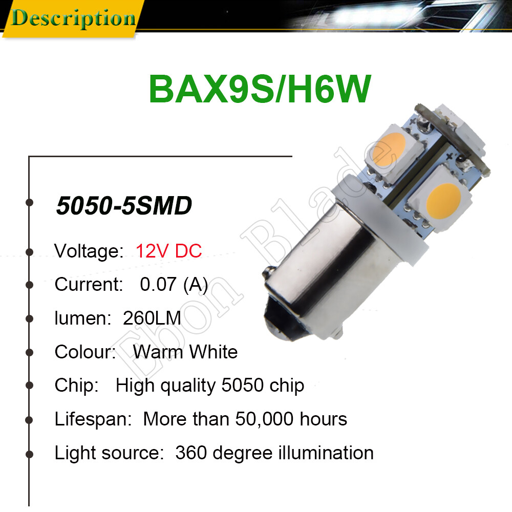 2Pcs Warm White BAX9S H6W 433C 434 LED Bulbs for Car Auto Interior Lights Lamps