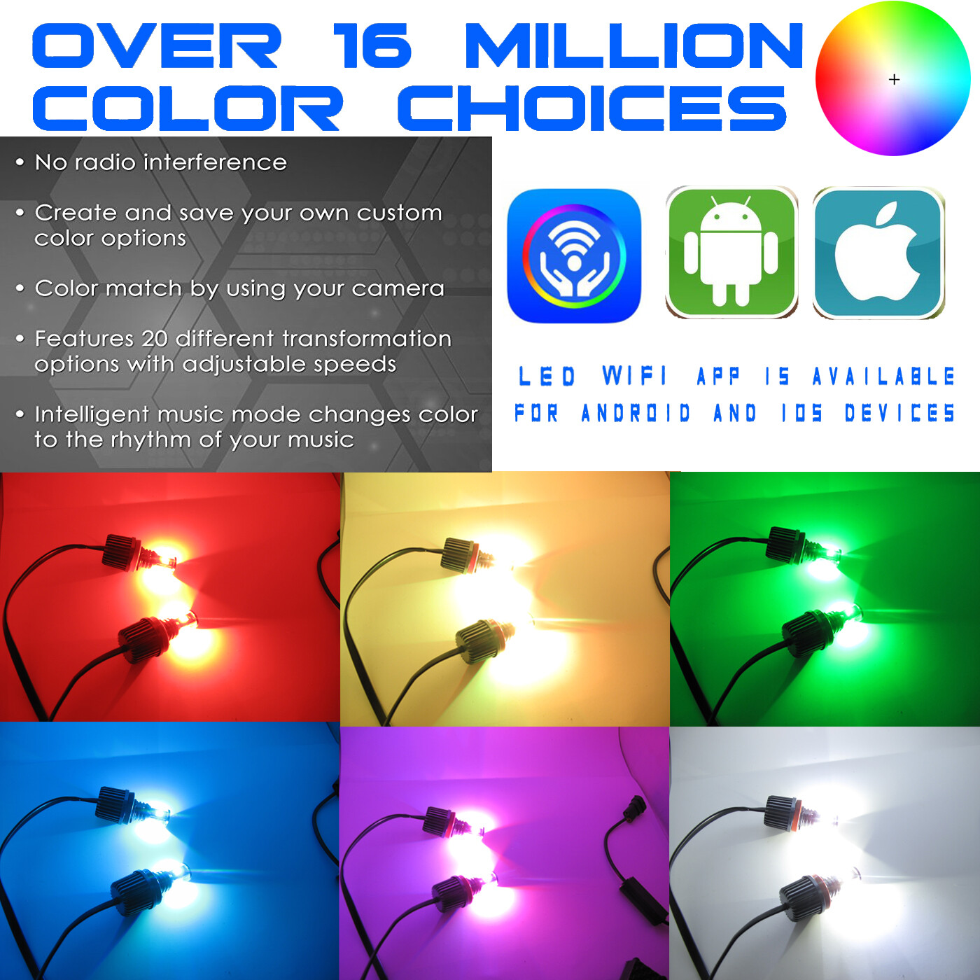 2x H8 Phone Control LED RGB Angel Eyes Halo Ring Bulb For BMW E90 E92 335i X5 X6