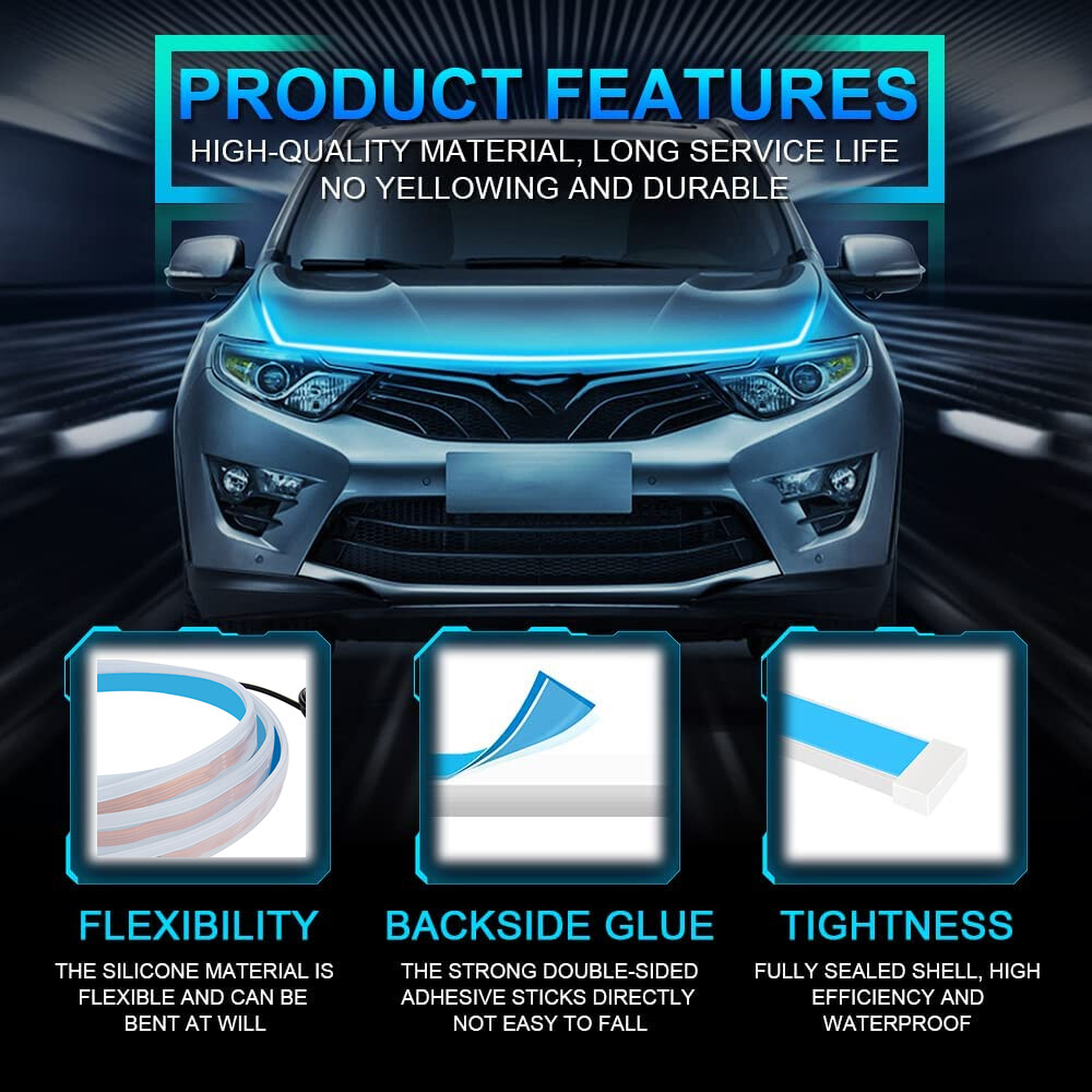 Flowing Car LED DRL Hood Light Strip Engine Cover Daytime Running Light 180CM