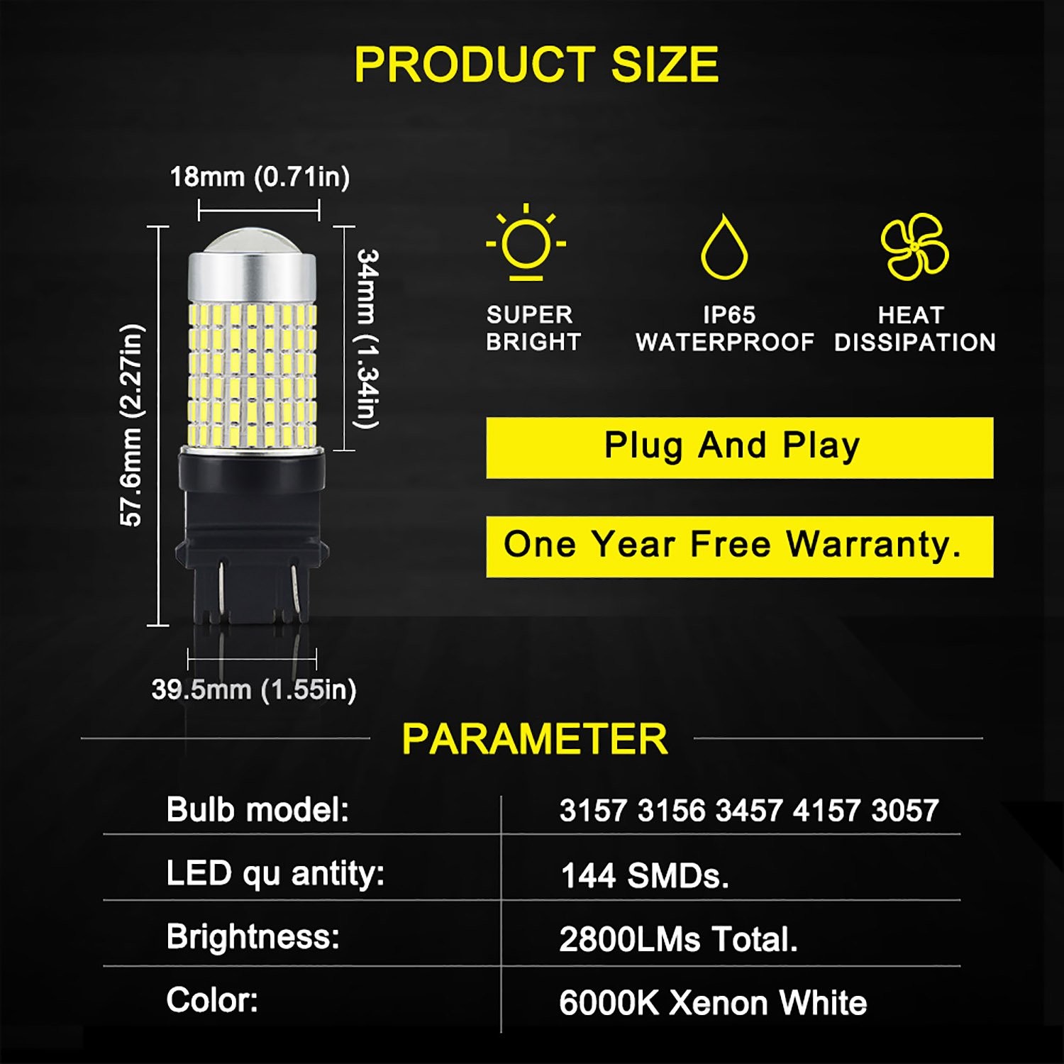 2X Reverse Backup Lights 3057 3157 4057 WHITE High Power LED Bulbs 2800LM 144H F