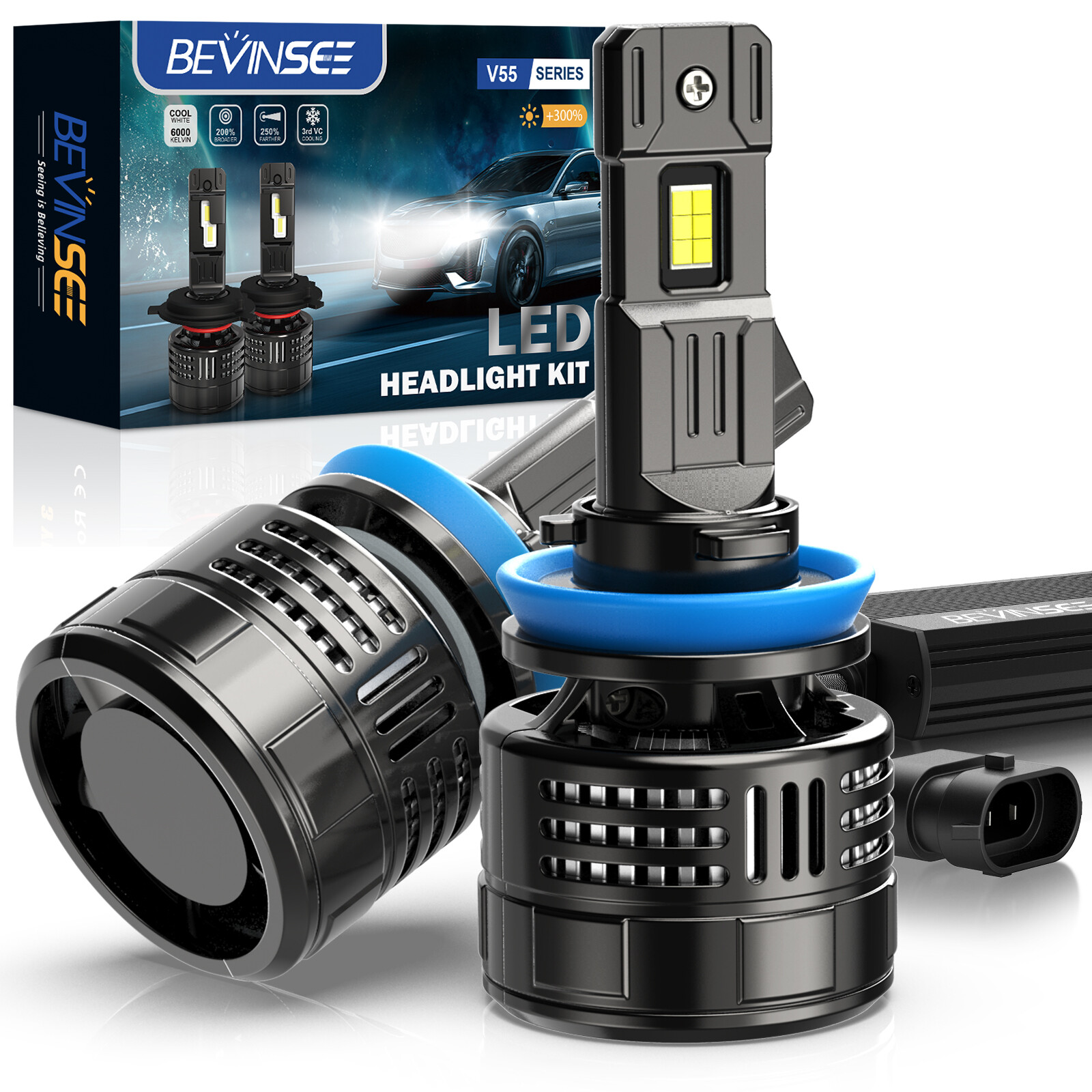 Bevinsee 2X H11 H8 H9 LED Headlight Bulbs Fog Light 150W 40000LM White Brighter