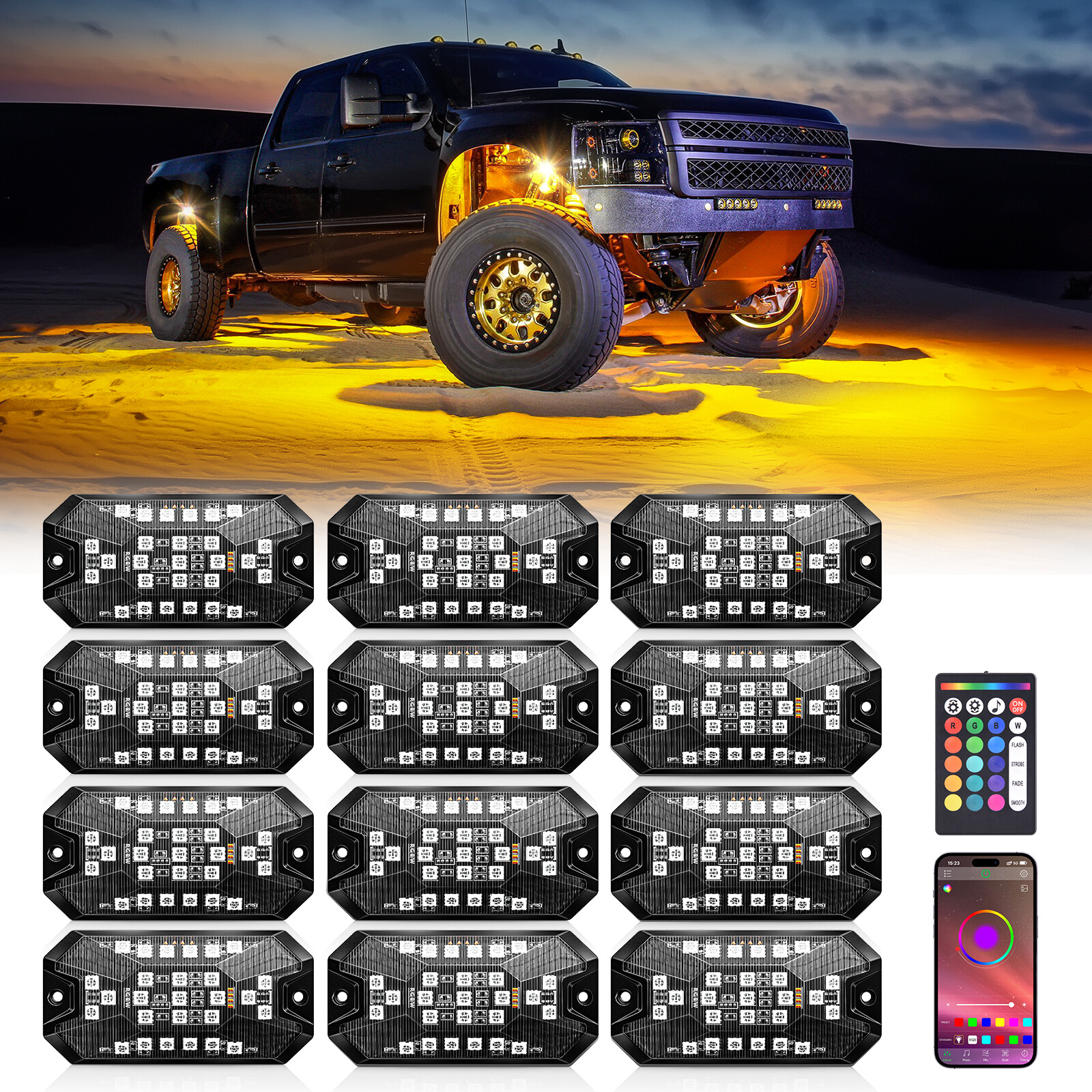 12 Pods Full Angle RGBW LED Rock Lights Wheel Well Lights APP/RF Remote Control