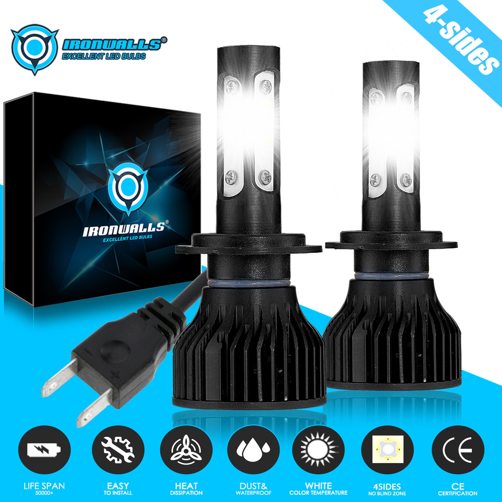 4-sides H7 LED Headlight Super Bright Bulbs 6500K White 2500000LM High/Low Beam