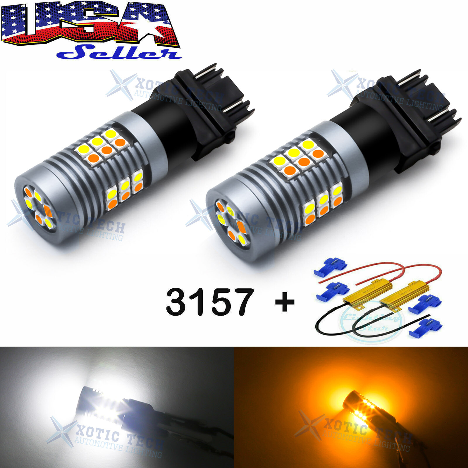 30-SMD 3157 Switchback LED Bulbs (6000K White 3000K Amber) + Load Resistor