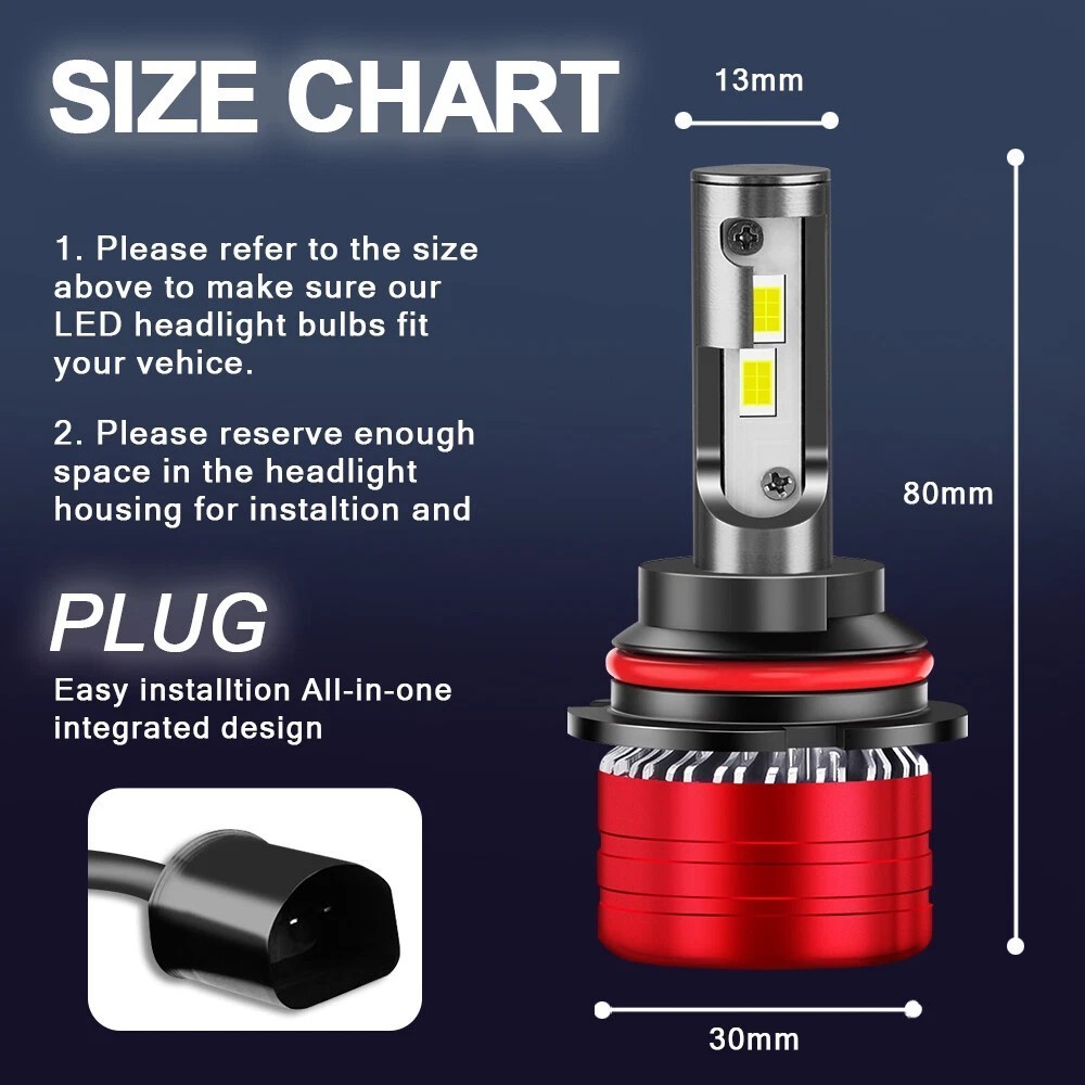 9007 HB5 LED Headlight Bulbs Kit High Low Beam 6500K Extremely Bright 72000LM