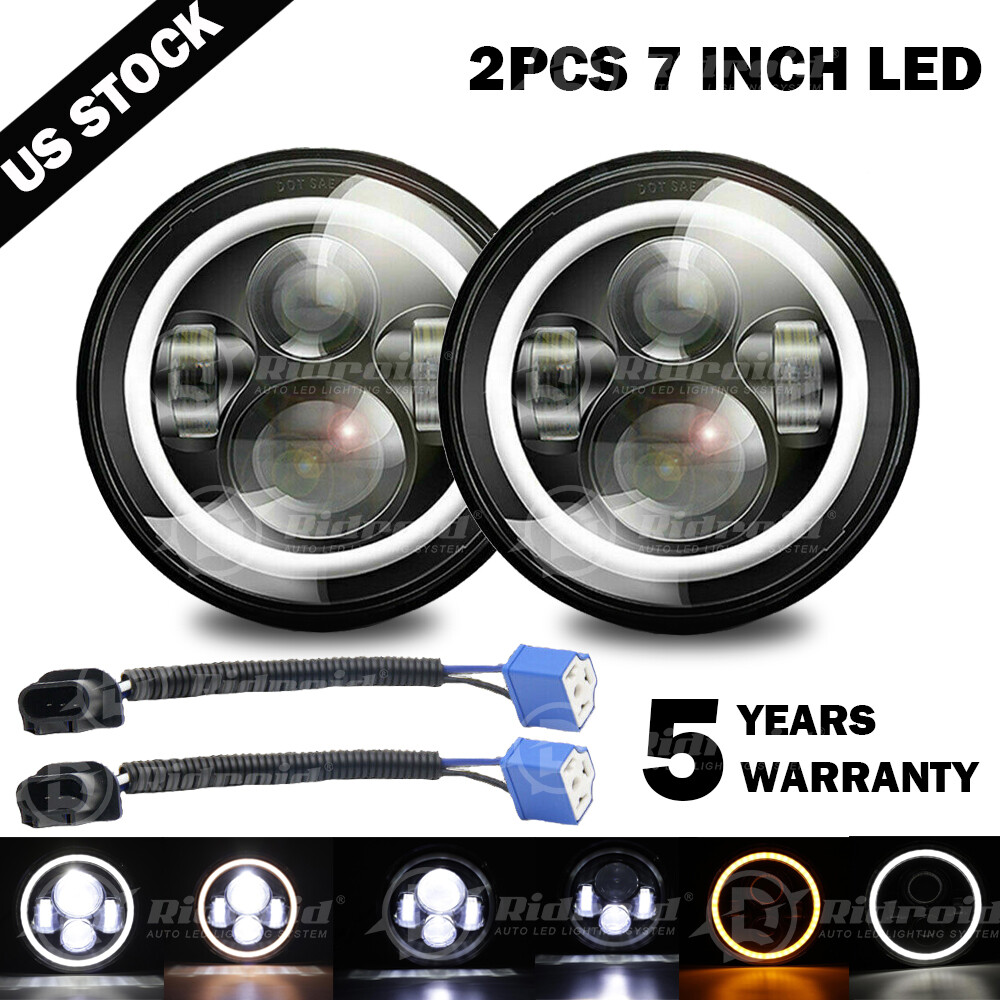 Pair 7″ Inch LED Headlights Halo Angle Eyes For Jeep Wrangler JK(07-14) LJ TJ CJ