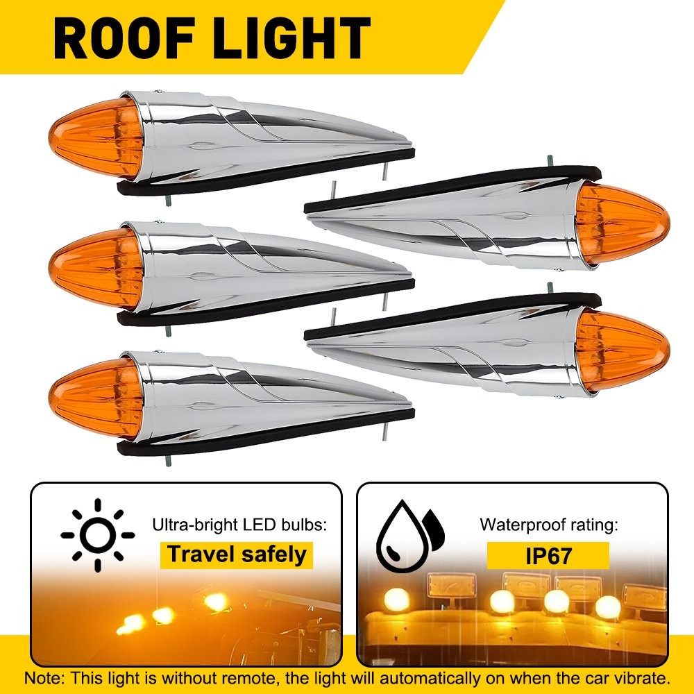 5X Amber LED Chrome Cab Roof Marker Lights Kit for Peterbilt Kenworth Trucks