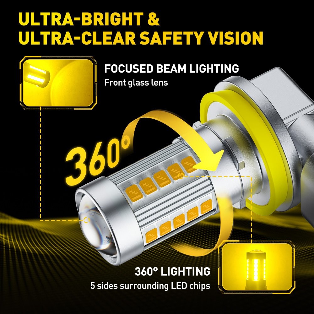 2pcs H11 Yellow Fog Light LED Bulbs 3000K For Honda Civic 2006-2017 2018 2019