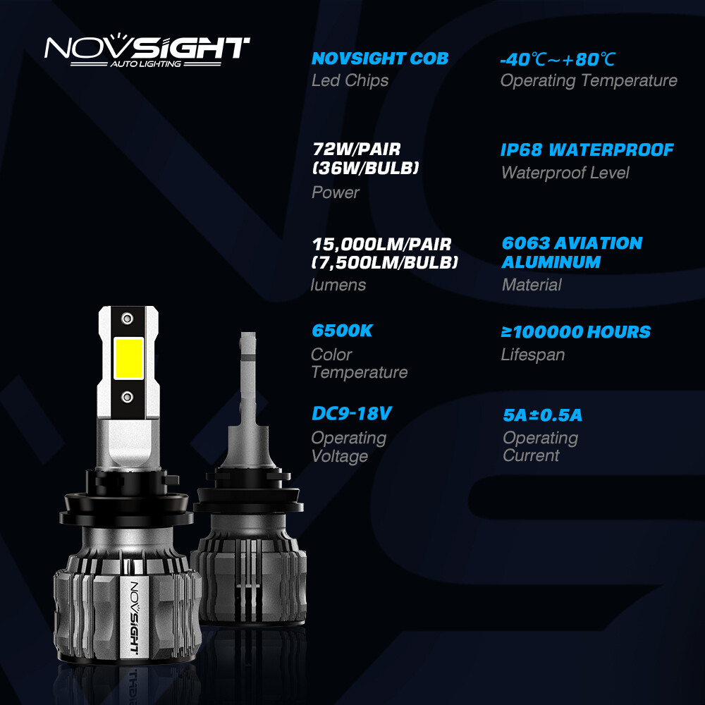 NOVSIGHT H8 H9 H11 LED Headlight Bulbs Kit Super Bright High Low Beam Lamp 6500K