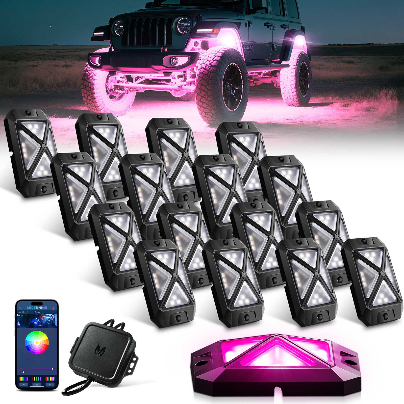 MICTUNING C4 RGBW LED Rock Lights 16 Pods Underglow Under Car Neon Lighting Kit