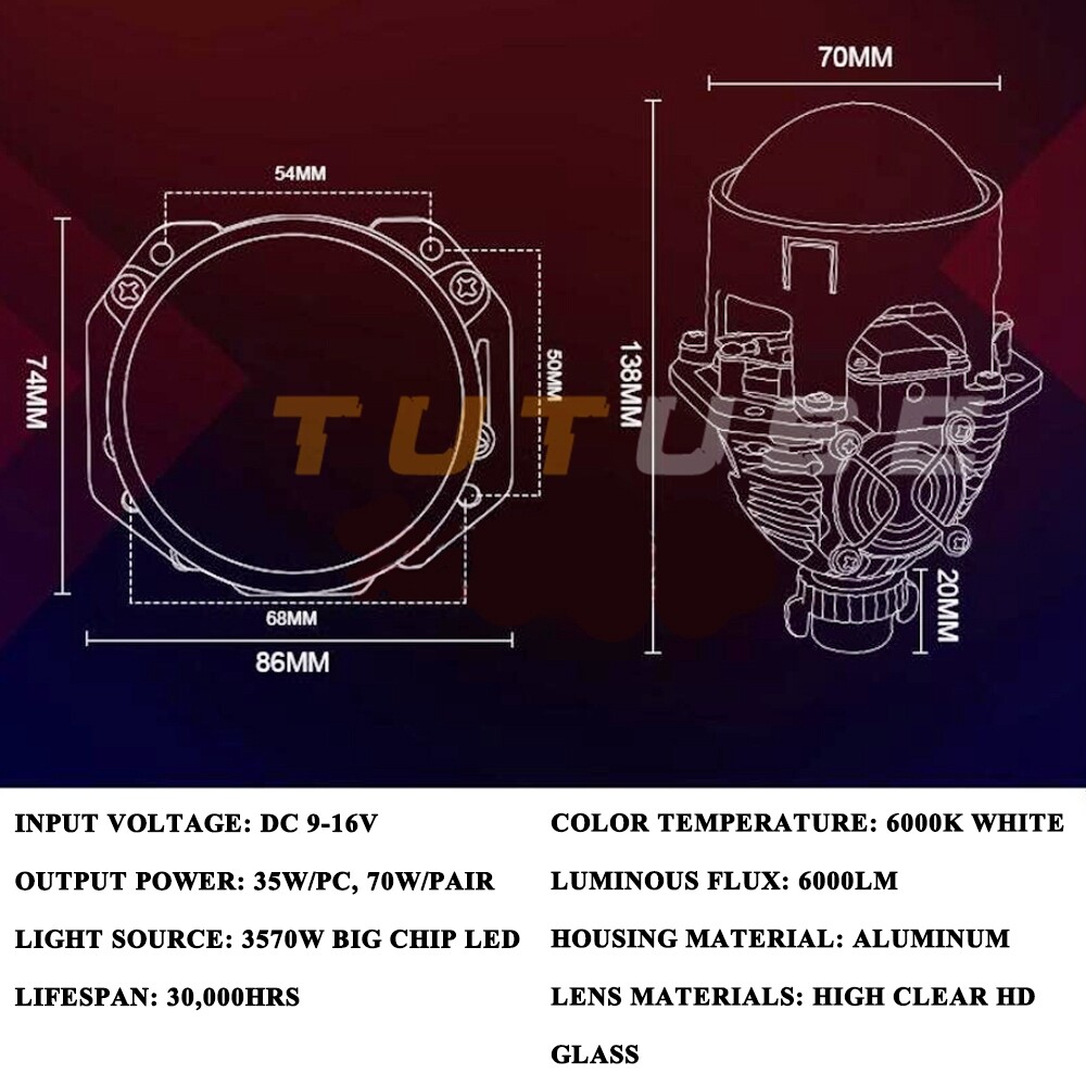 Mini Headlight 2.5 inch Bi LED Projector Lens+Silver Shrouds Retrofit Universal