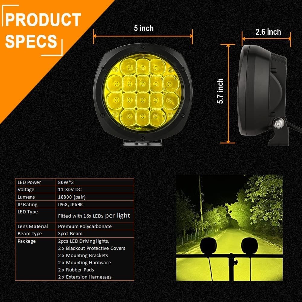 5 Inch Pair 160W Amber Round LED Offroad Lights 18800LM Amber Yellow OffRoad