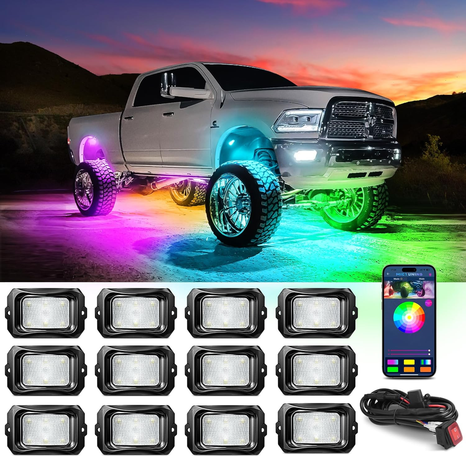 MICTUNING RGB/RGB+IC LED Rock Lights, 8/12/16/20 Pods Underglow Led Chasing Lamp