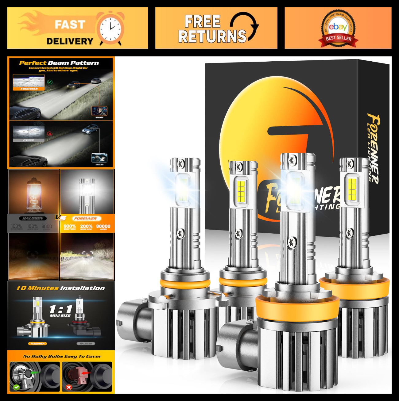 900% Bright H11 9005 LED Bulbs Combo, 6500K Cool White, Mini Size, Waterproof, P