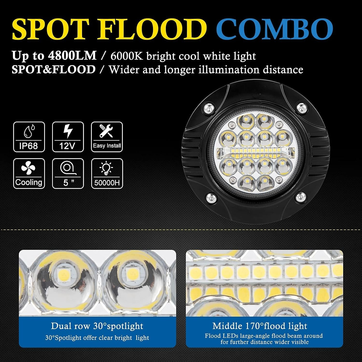 48W Flush Mount LED Work Light Pods – Combo Spot Flood Design – Waterproof