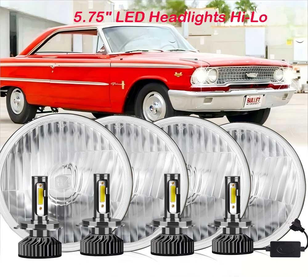 4PCS Black 5.75″ 5-3/4″ Round GLASS LED Headlight High Low Beam for Ford Galaxie