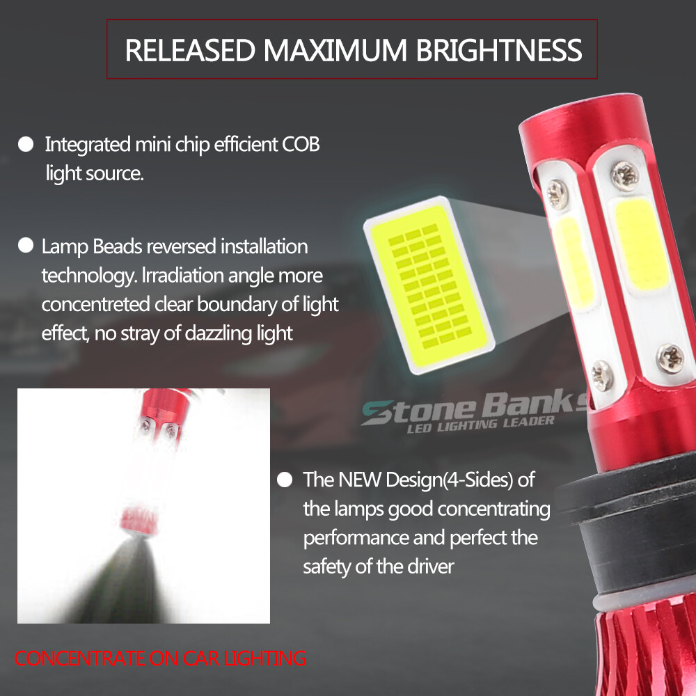 2x H7 LED 6000K Headlight Bulb 4-Sides High Low Beam Foglight Kit 180W 32000LM
